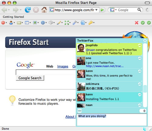 TwitterFox, dans la barre d'état de Firefox