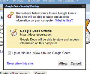 Google Docs Offline, security warning