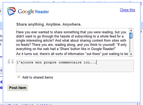 Google Reader - Share with note